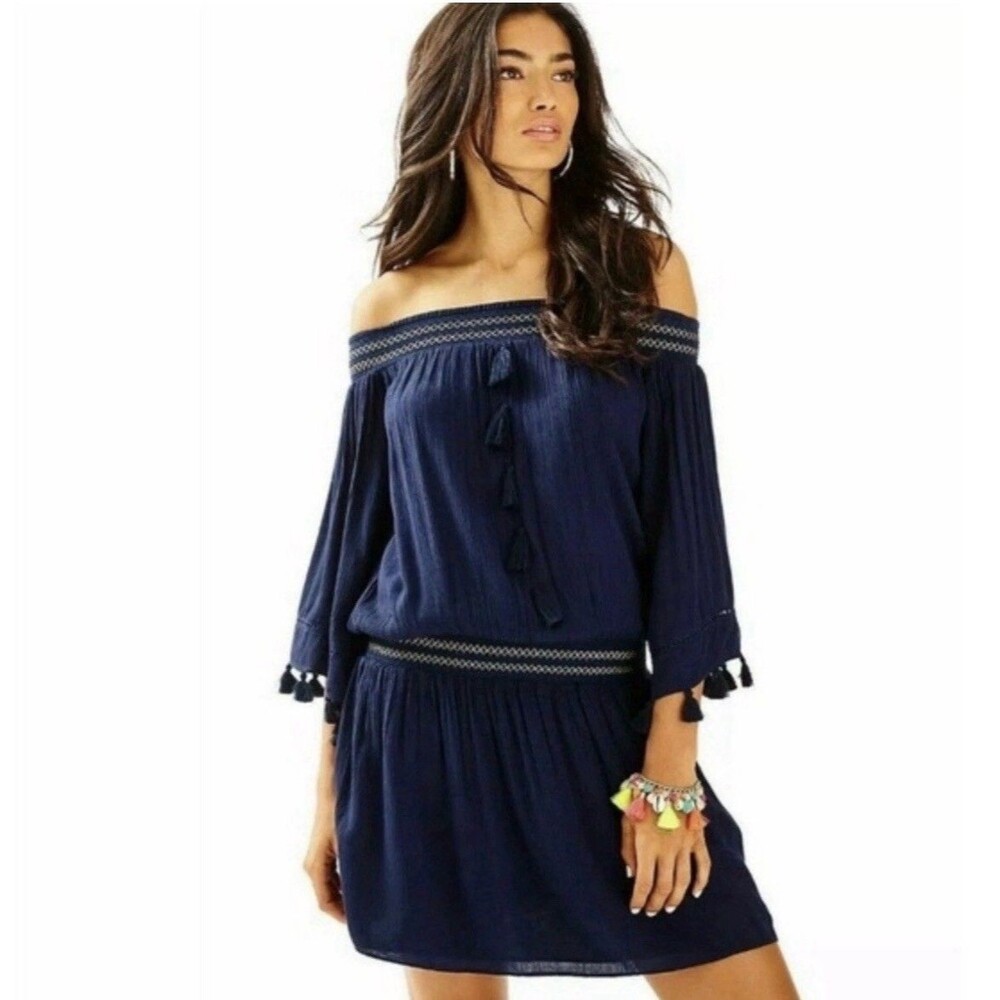 Lilly Pulitzer Dress Size Small Mini Navy Blue Tassels Embroidered Boho Joelle